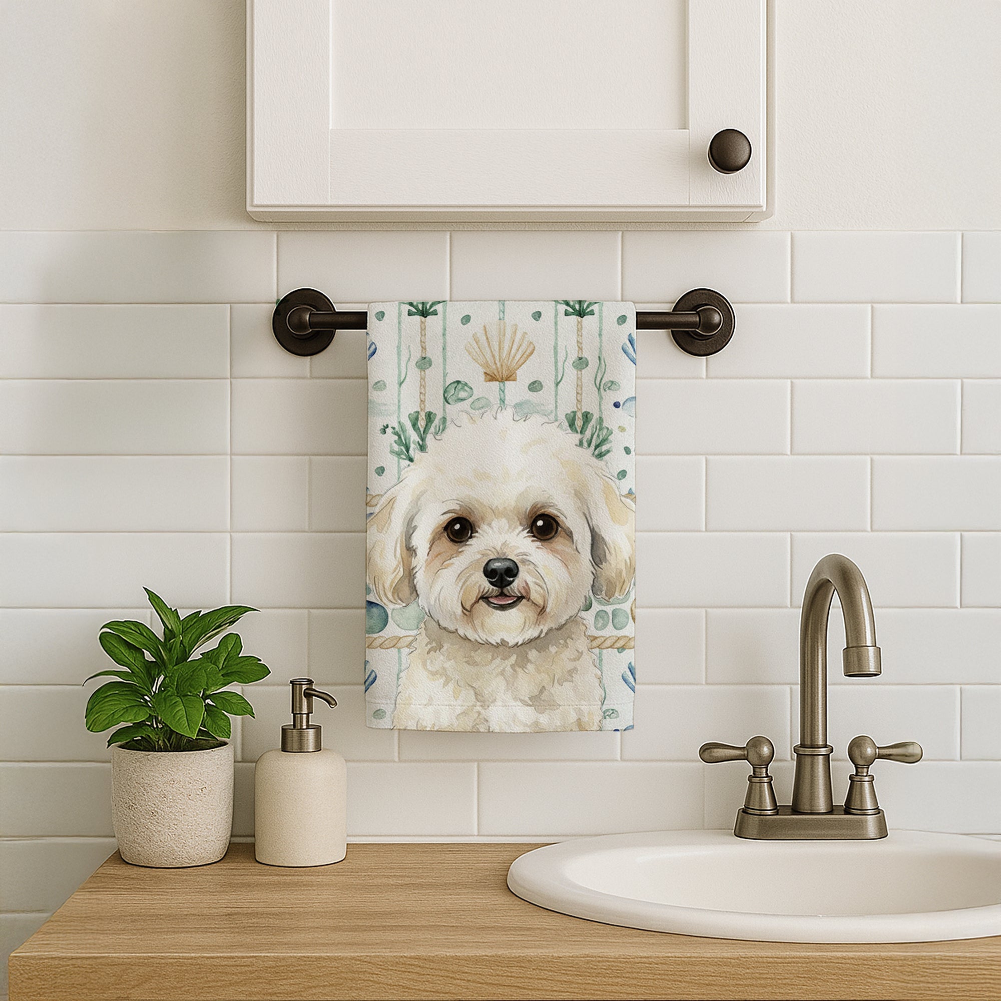 White and Cream Bichon Frise Coastal Sea Glass Kitchen Towel Velour Plush Front and Cotton Loop Back Machine Washable