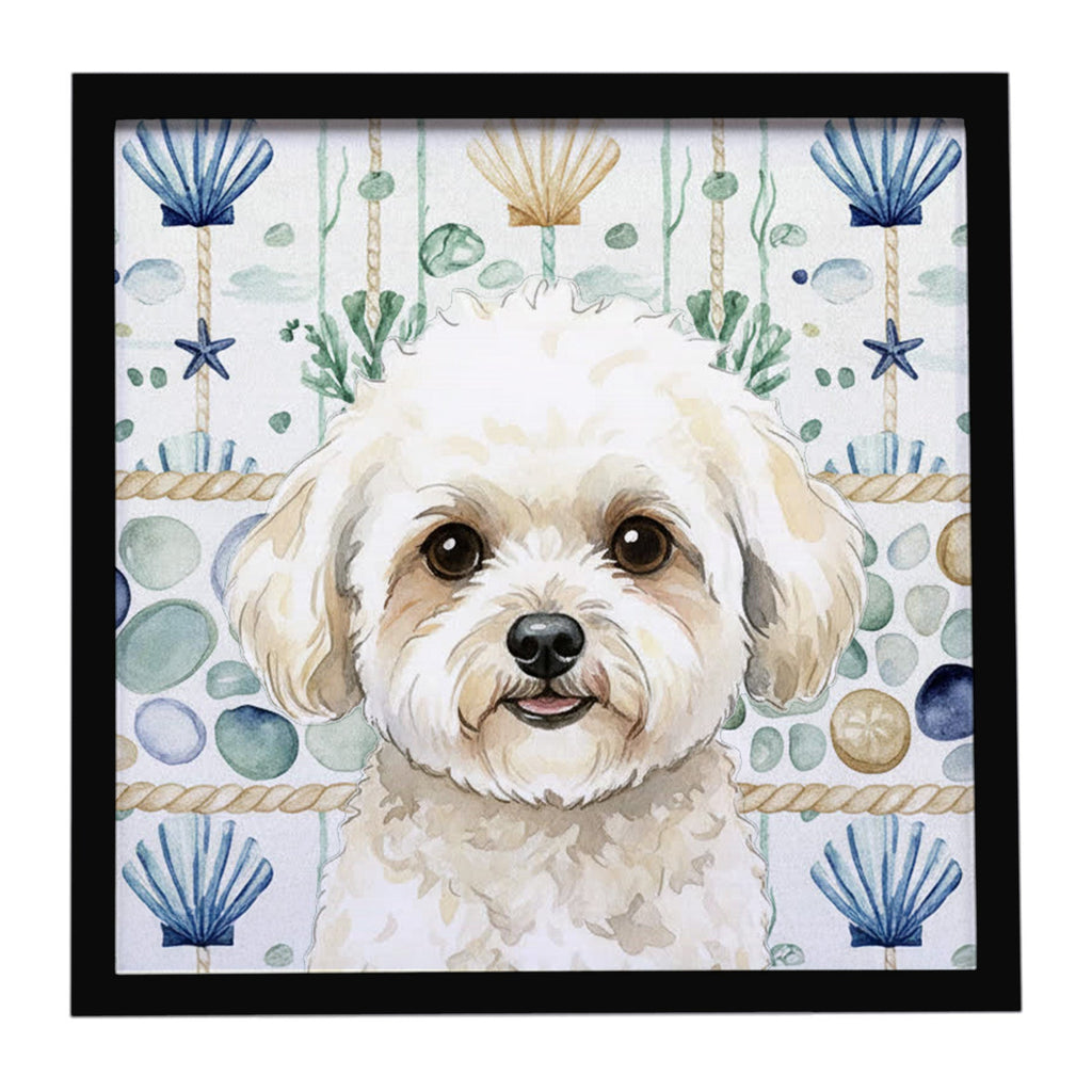 White and Cream Bichon Frise Coastal Sea Glass Framed Metal Print Bathroom, Kitchen, Office, Home Decor Wall Art Ready to Hang, Square, 8X8