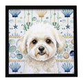 White and Cream Bichon Frise Coastal Sea Glass Framed Metal Print Bathroom, Kitchen, Office, Home Decor Wall Art Ready to Hang, Square, 8X8