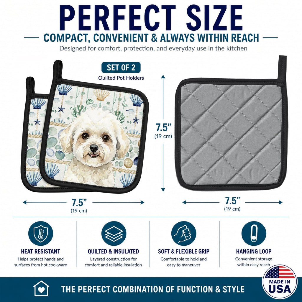 White and Cream Bichon Frise Coastal Sea Glass Pot Holder Set of 2 Heat Resistant Quilted Hot Pads 7.5 x 7.5 Inch, Insulated Kitchen Trivets for Cooking & Baking