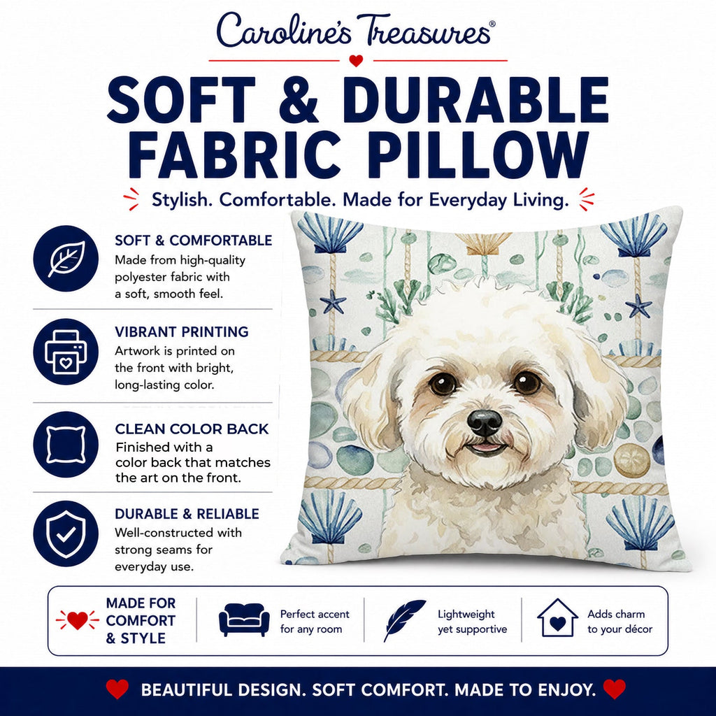 White and Cream Bichon Frise Coastal Sea Glass Decorative Throw Pillow 14x14 Indoor Outdoor Accent Cushion, Fabric Cover with Insert for Sofa, Bed, Porch & Living Room