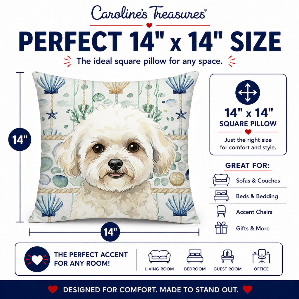 White and Cream Bichon Frise Coastal Sea Glass Decorative Throw Pillow 14x14 Indoor Outdoor Accent Cushion, Fabric Cover with Insert for Sofa, Bed, Porch & Living Room