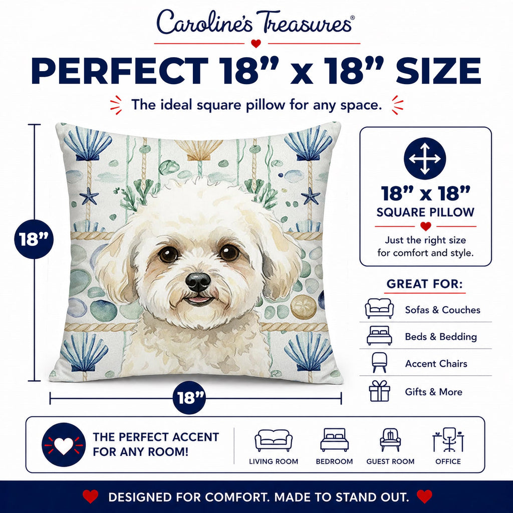 White and Cream Bichon Frise Coastal Sea Glass Decorative Throw Pillow 18x18 Indoor Outdoor Accent Cushion, Fabric Cover with Insert for Sofa, Bed, Porch & Living Room