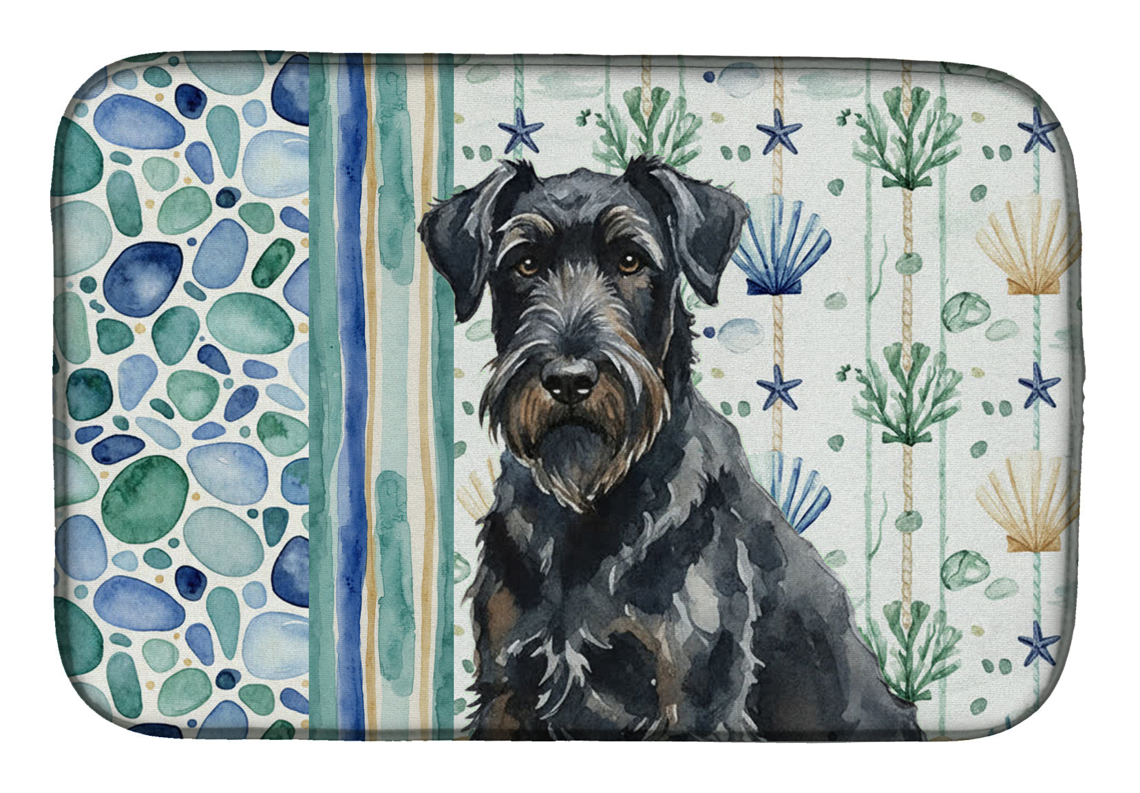 Black Russian Terrier Coastal Sea Glass Dish Drying Mat Absorbent Dish Drying Mat Pad for Kitchen Counter Dish Drainer Mat for Countertop, 14 x 21", Multicolor