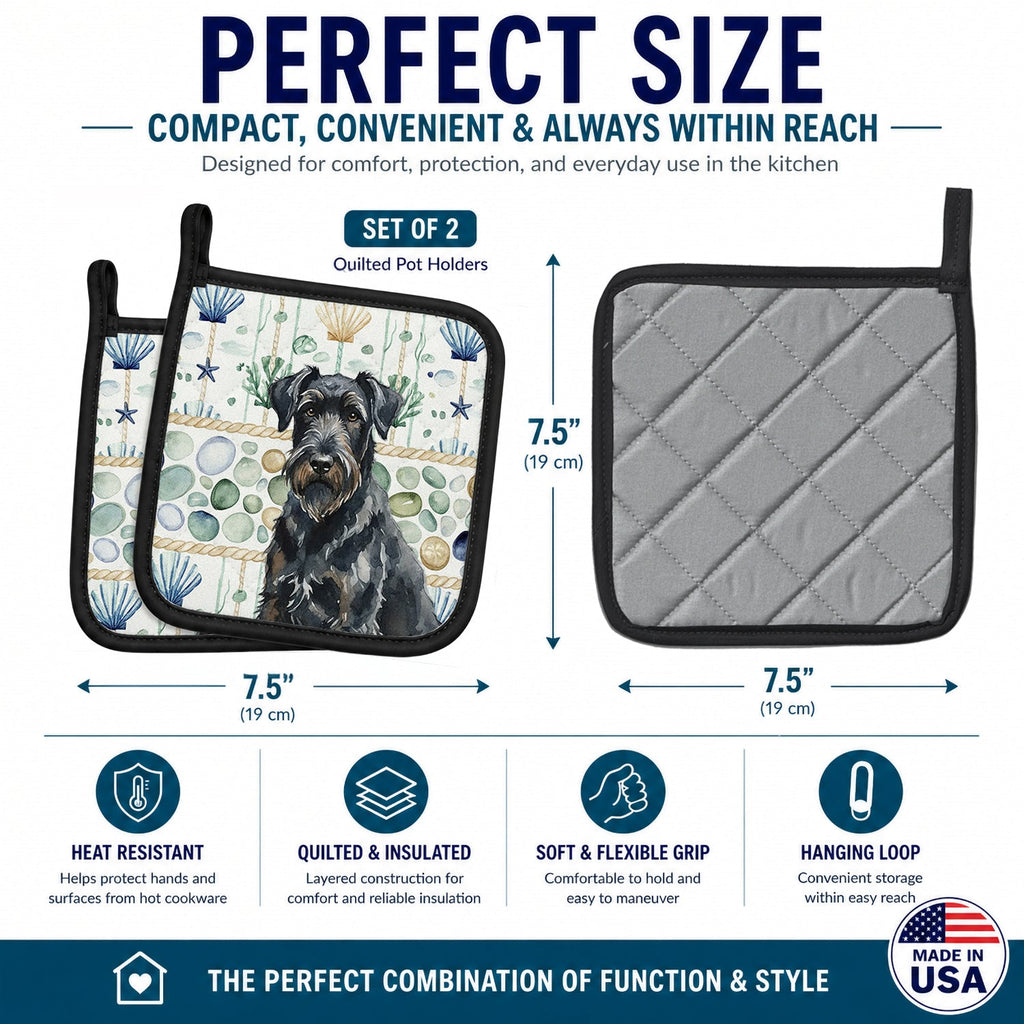 Black Russian Terrier Coastal Sea Glass Pot Holder Set of 2 Heat Resistant Quilted Hot Pads 7.5 x 7.5 Inch, Insulated Kitchen Trivets for Cooking & Baking