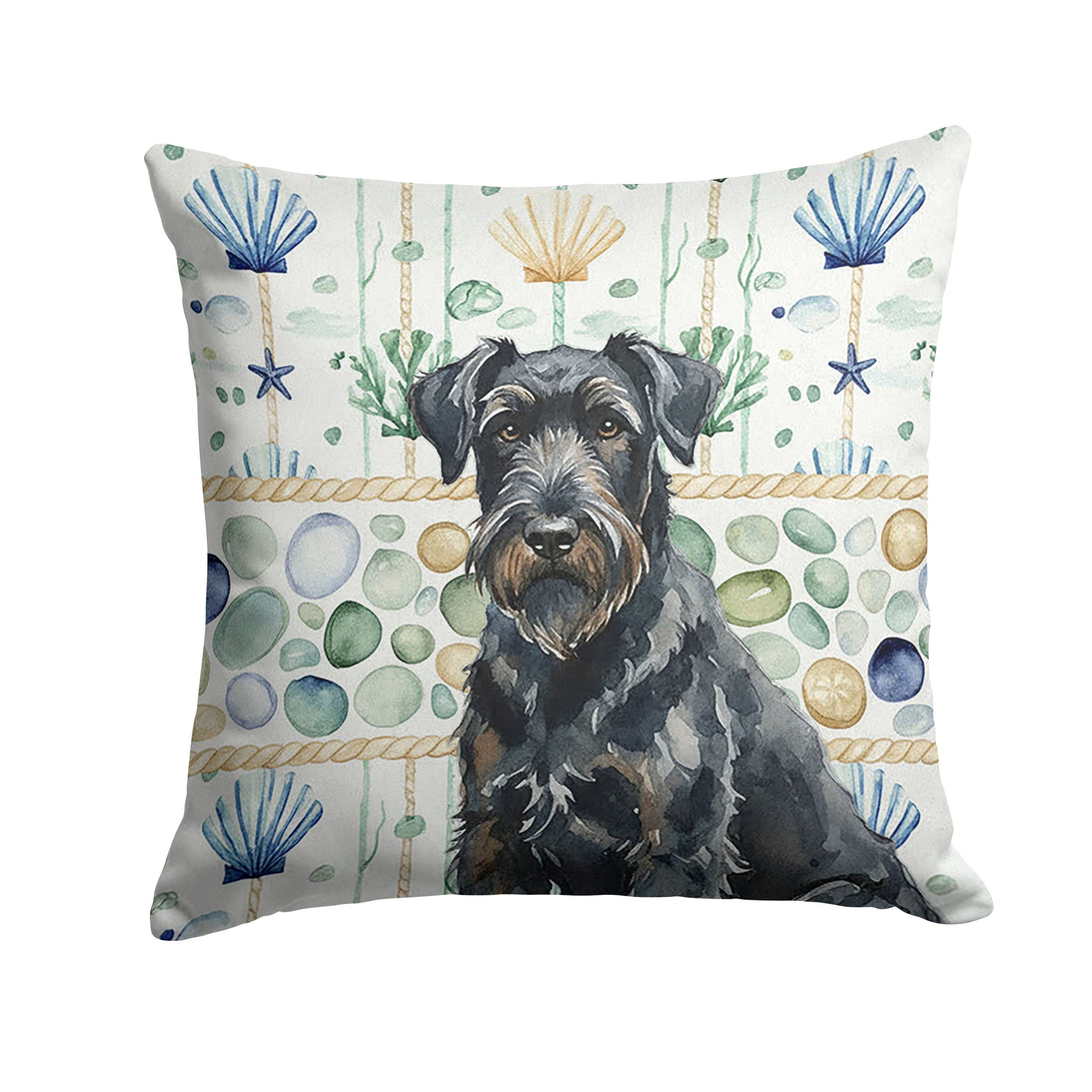 Black Russian Terrier Coastal Sea Glass Decorative Throw Pillow 14x14 Indoor Outdoor Accent Cushion, Fabric Cover with Insert for Sofa, Bed, Porch & Living Room