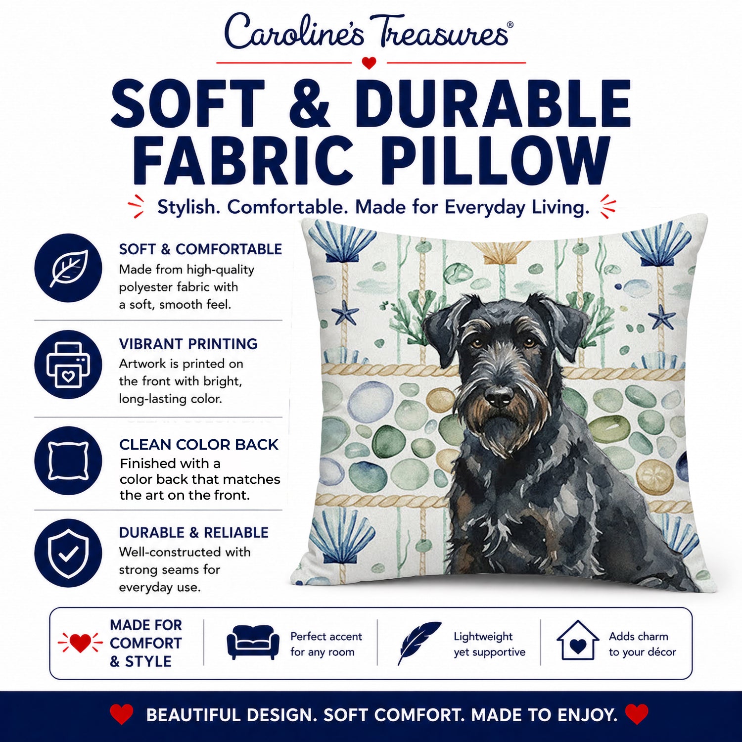 Black Russian Terrier Coastal Sea Glass Decorative Throw Pillow 18x18 Indoor Outdoor Accent Cushion, Fabric Cover with Insert for Sofa, Bed, Porch & Living Room