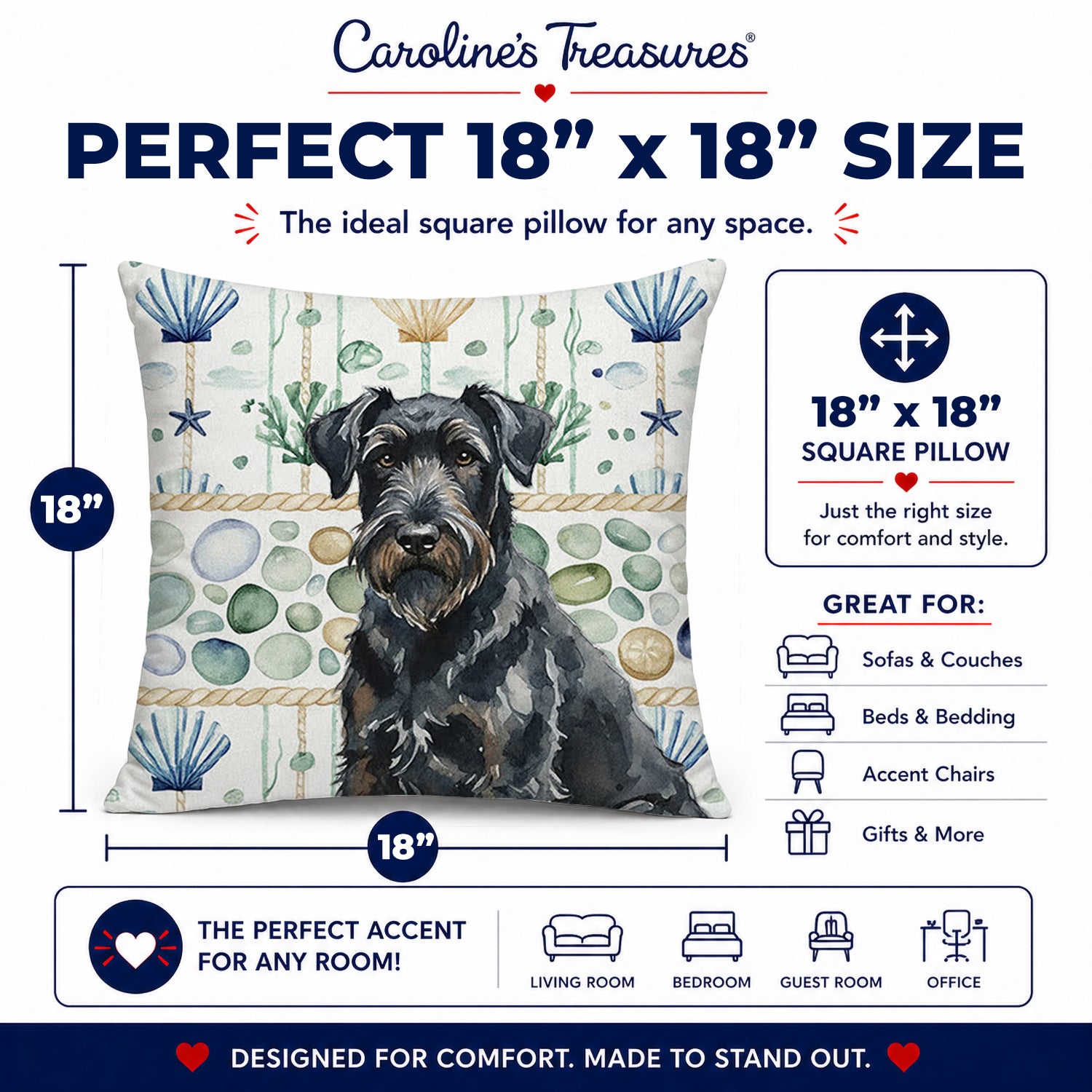 Black Russian Terrier Coastal Sea Glass Decorative Throw Pillow 18x18 Indoor Outdoor Accent Cushion, Fabric Cover with Insert for Sofa, Bed, Porch & Living Room