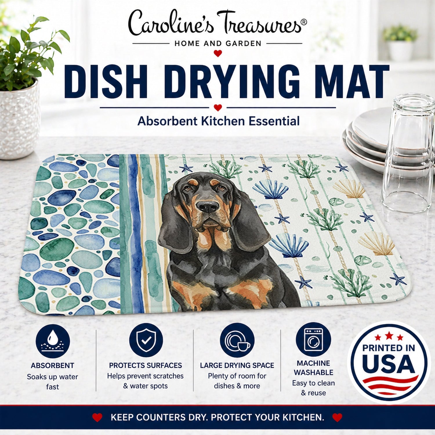 Black and Tan Bloodhound Coastal Sea Glass Dish Drying Mat Absorbent Dish Drying Mat Pad for Kitchen Counter Dish Drainer Mat for Countertop, 14 x 21", Multicolor