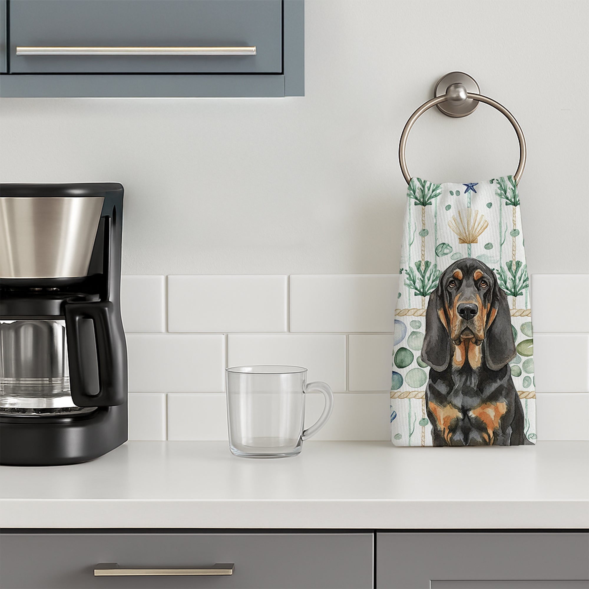 Black and Tan Bloodhound Coastal Sea Glass Kitchen Towel Velour Plush Front and Cotton Loop Back Machine Washable