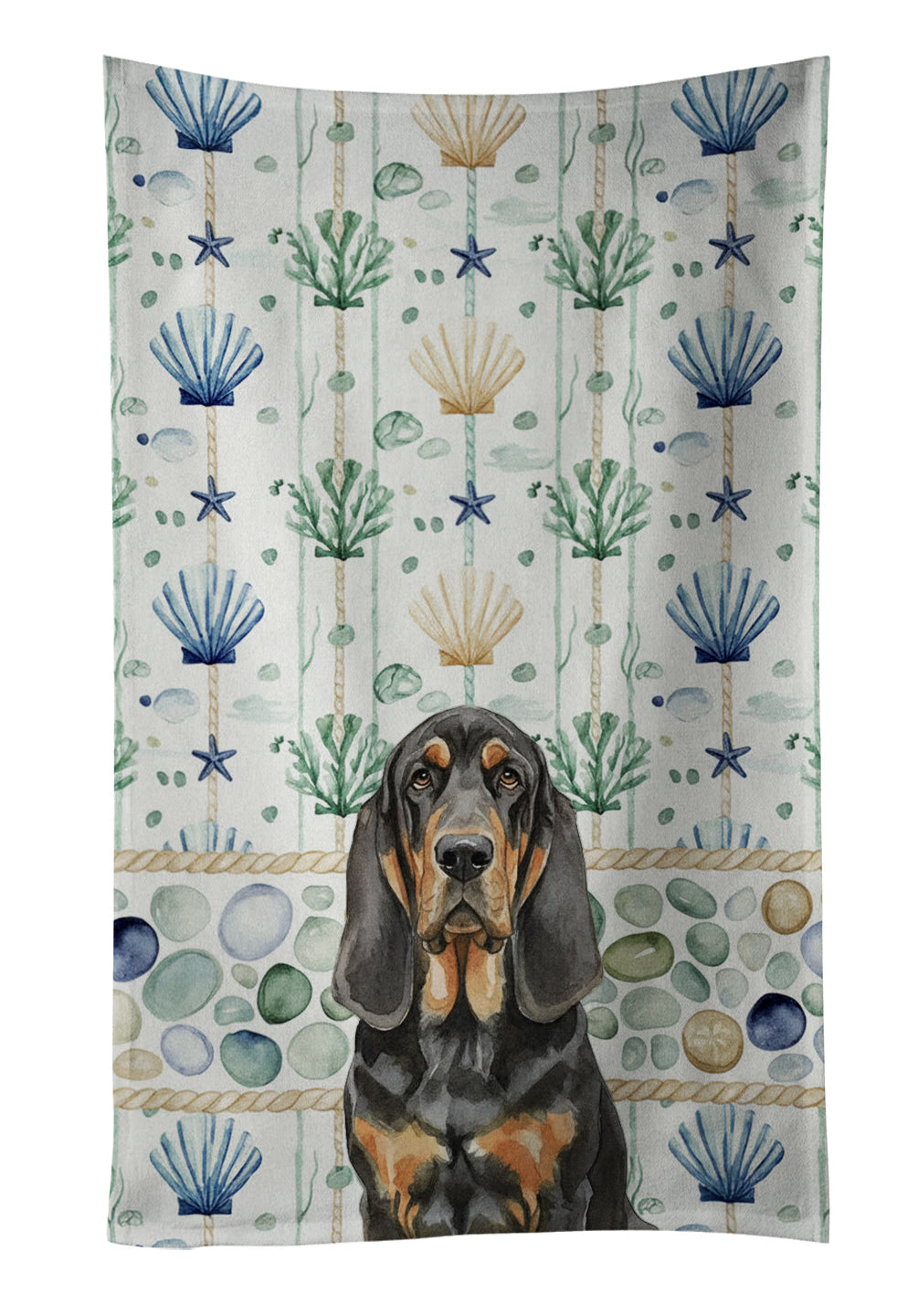 Black and Tan Bloodhound Coastal Sea Glass Kitchen Towel Velour Plush Front and Cotton Loop Back Machine Washable