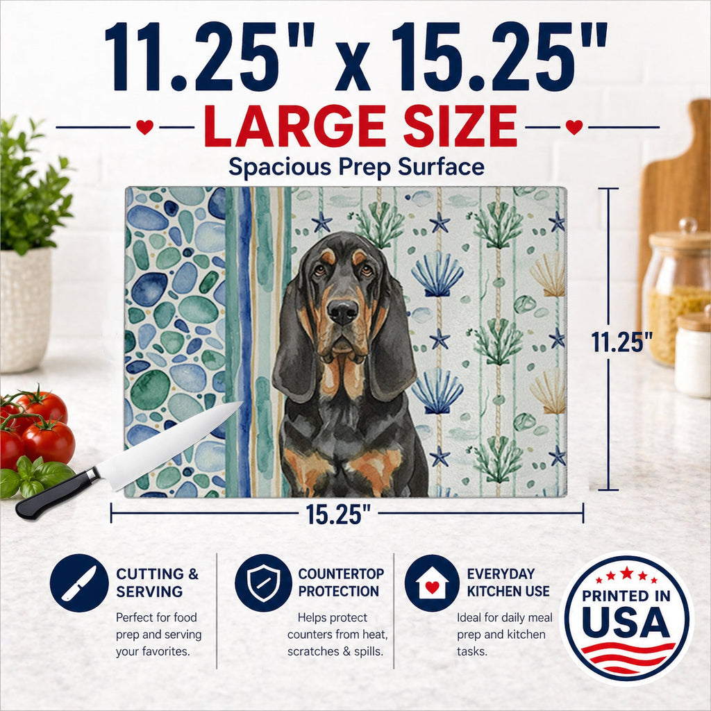 Black and Tan Bloodhound Coastal Sea Glass Cutting Board Tempered Glass Kitchen Cutting Surface, Heat Resistant Chopping, Non-Slip Feet, Food Prep & Serving