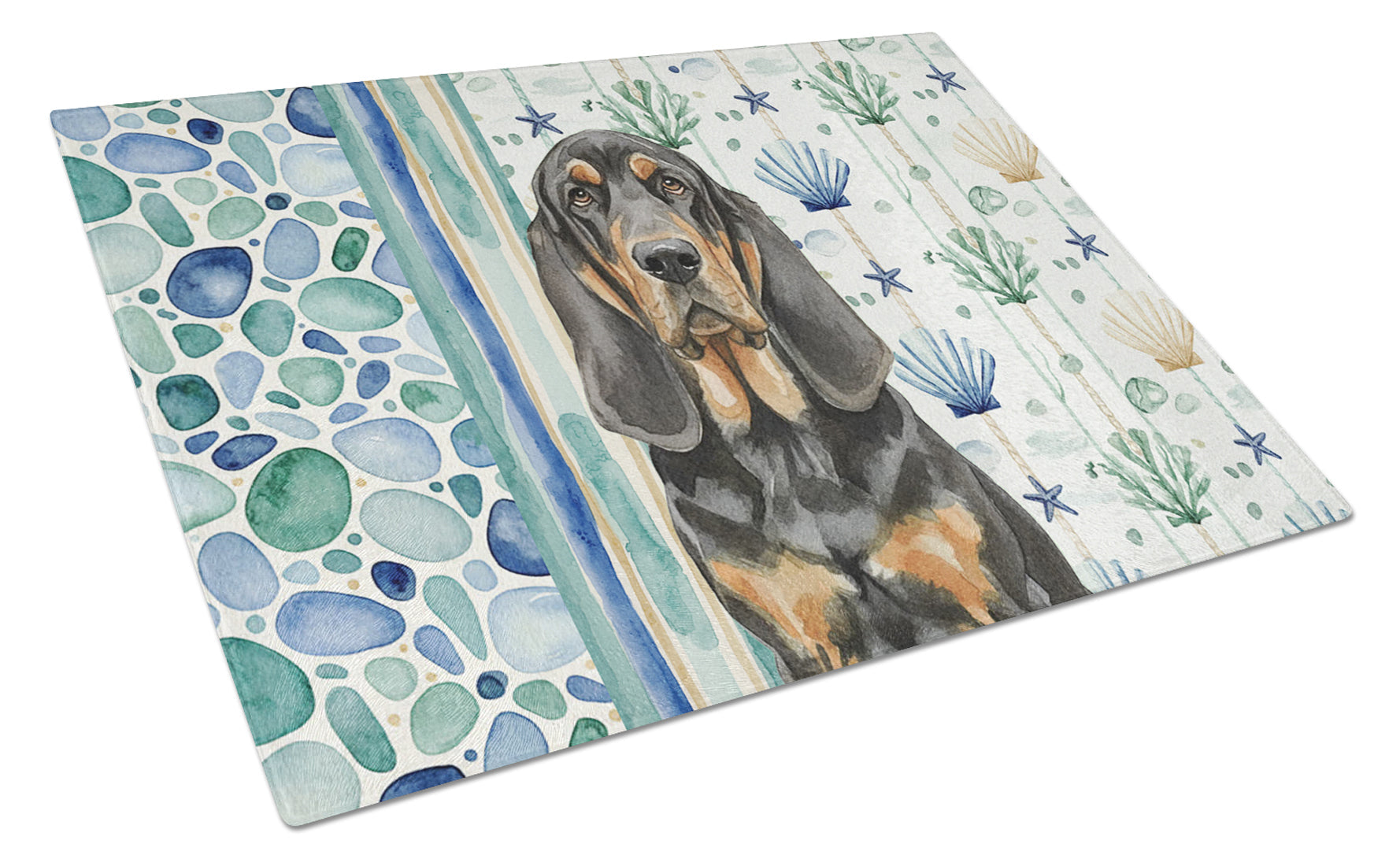 Black and Tan Bloodhound Coastal Sea Glass Cutting Board Tempered Glass Kitchen Cutting Surface, Heat Resistant Chopping, Non-Slip Feet, Food Prep & Serving