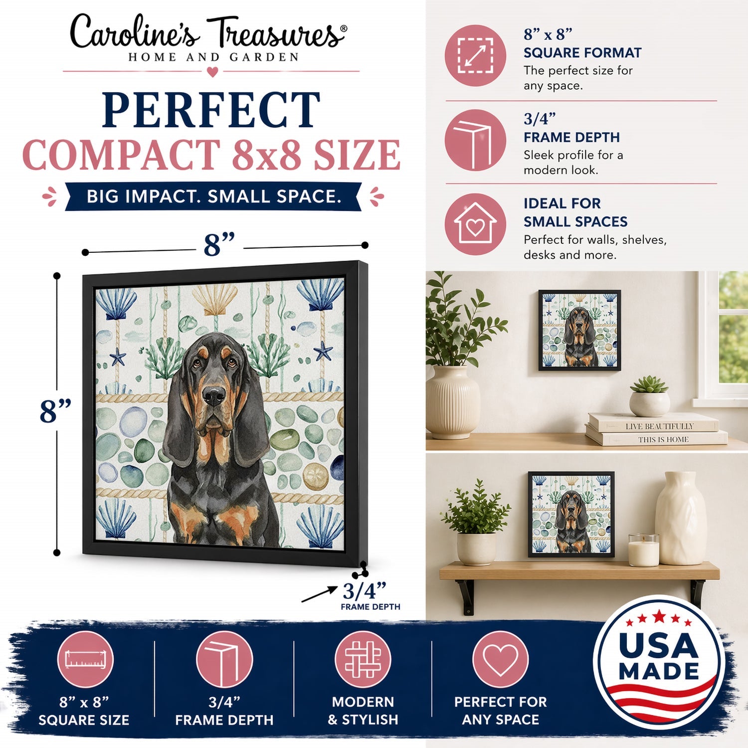 Black and Tan Bloodhound Coastal Sea Glass Framed Metal Print Bathroom, Kitchen, Office, Home Decor Wall Art Ready to Hang, Square, 8X8