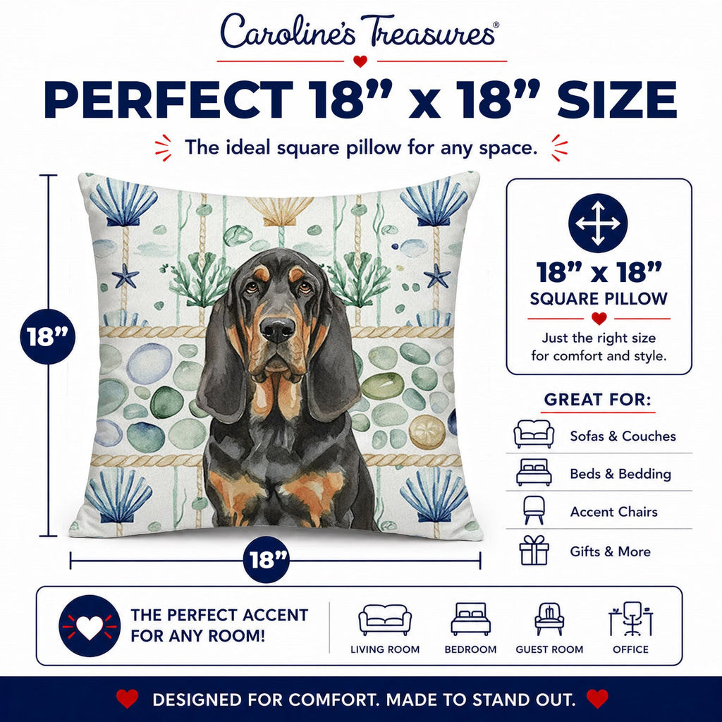 Black and Tan Bloodhound Coastal Sea Glass Decorative Throw Pillow 18x18 Indoor Outdoor Accent Cushion, Fabric Cover with Insert for Sofa, Bed, Porch & Living Room