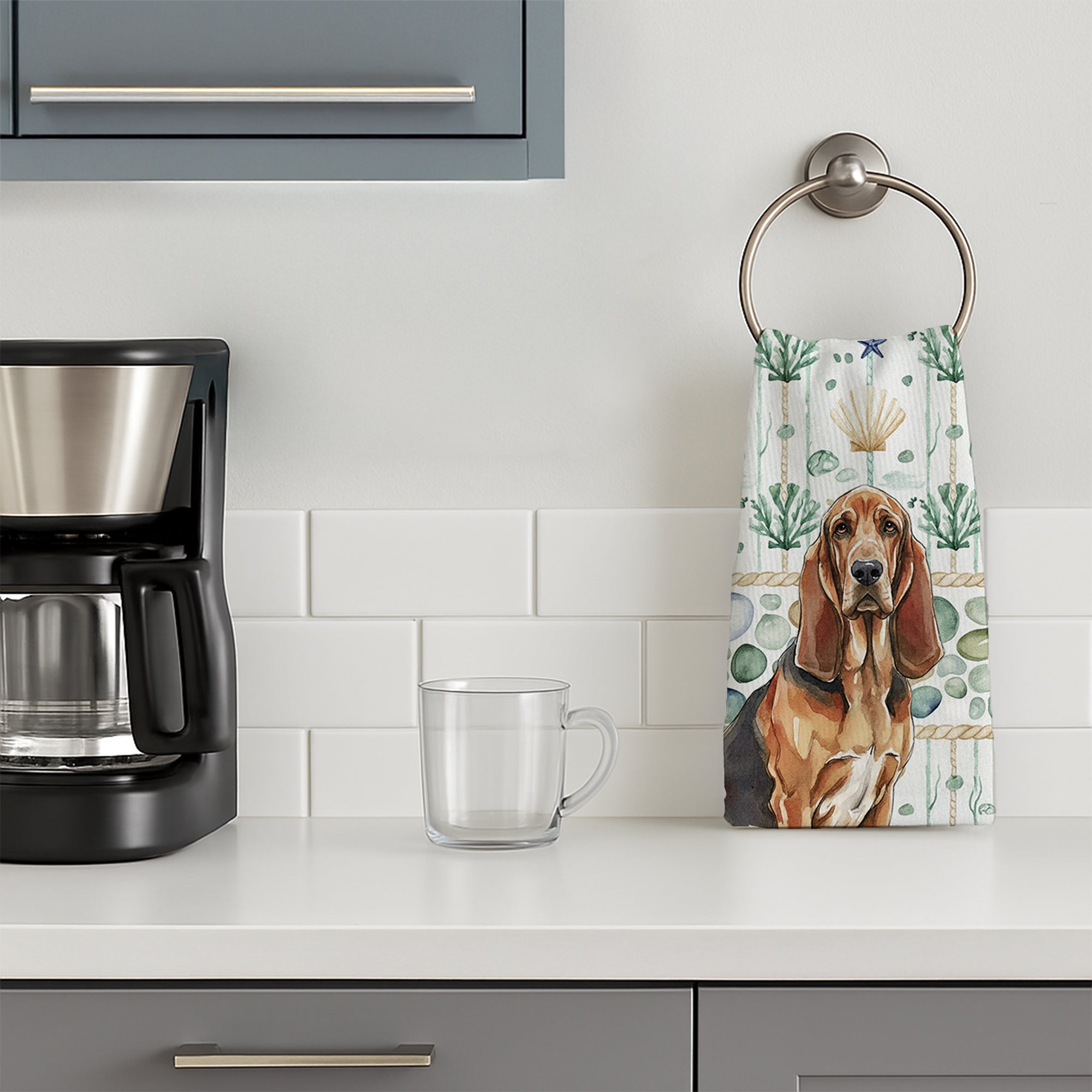 Liver and Tan Bloodhound Coastal Sea Glass Kitchen Towel Velour Plush Front and Cotton Loop Back Machine Washable