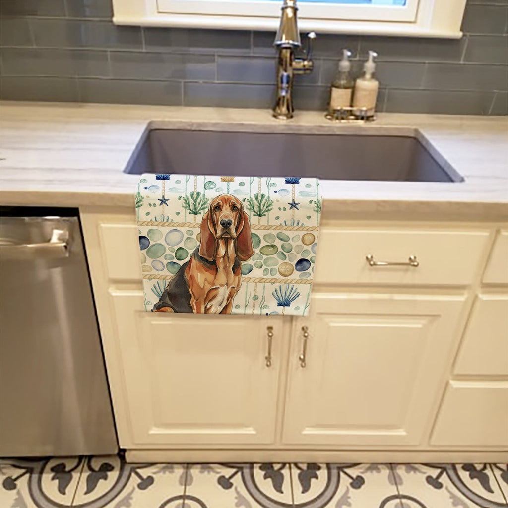 Liver and Tan Bloodhound Coastal Sea Glass Kitchen Towel Velour Plush Front and Cotton Loop Back Machine Washable