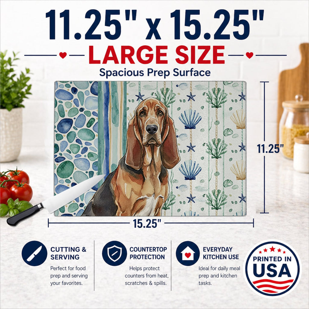 Liver and Tan Bloodhound Coastal Sea Glass Cutting Board Tempered Glass Kitchen Cutting Surface, Heat Resistant Chopping, Non-Slip Feet, Food Prep & Serving