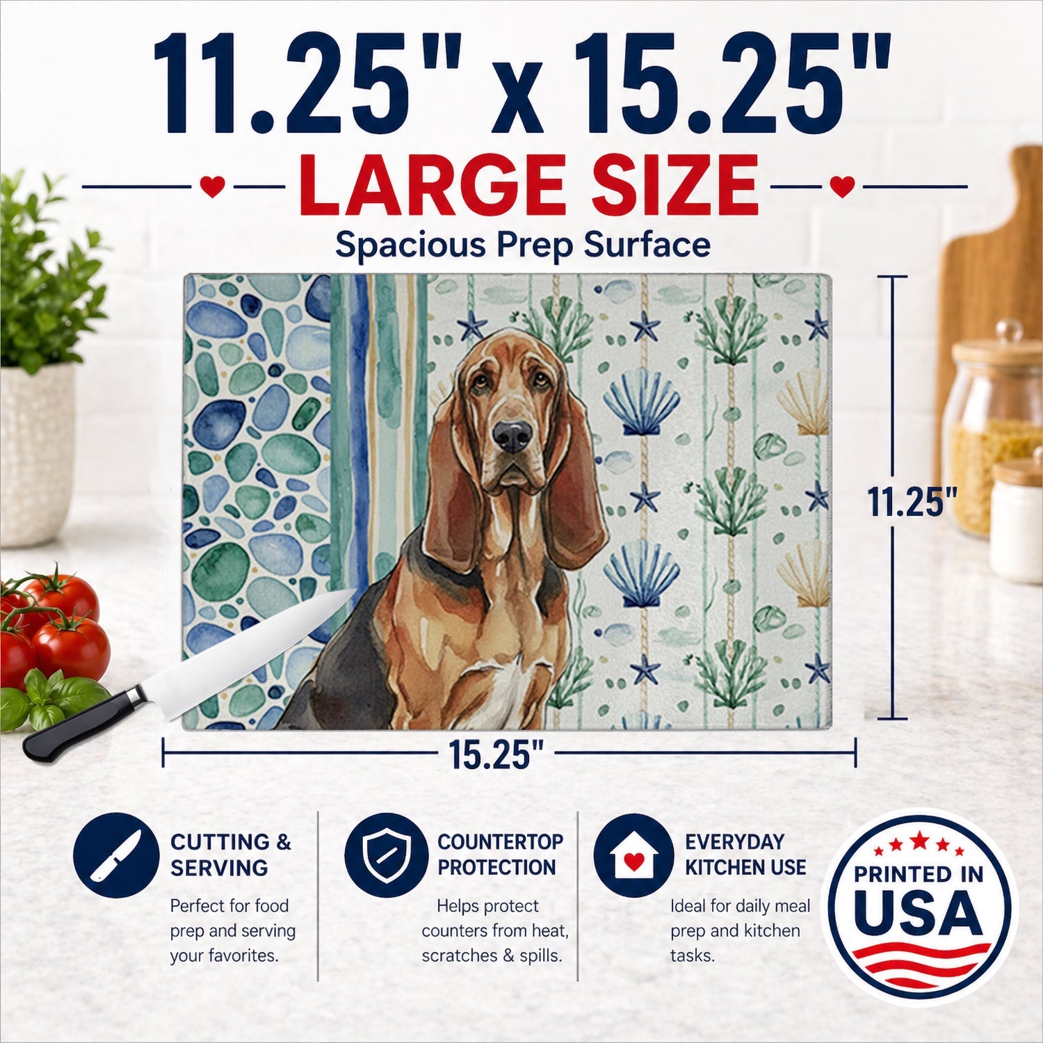 Liver and Tan Bloodhound Coastal Sea Glass Cutting Board Tempered Glass Kitchen Cutting Surface, Heat Resistant Chopping, Non-Slip Feet, Food Prep & Serving