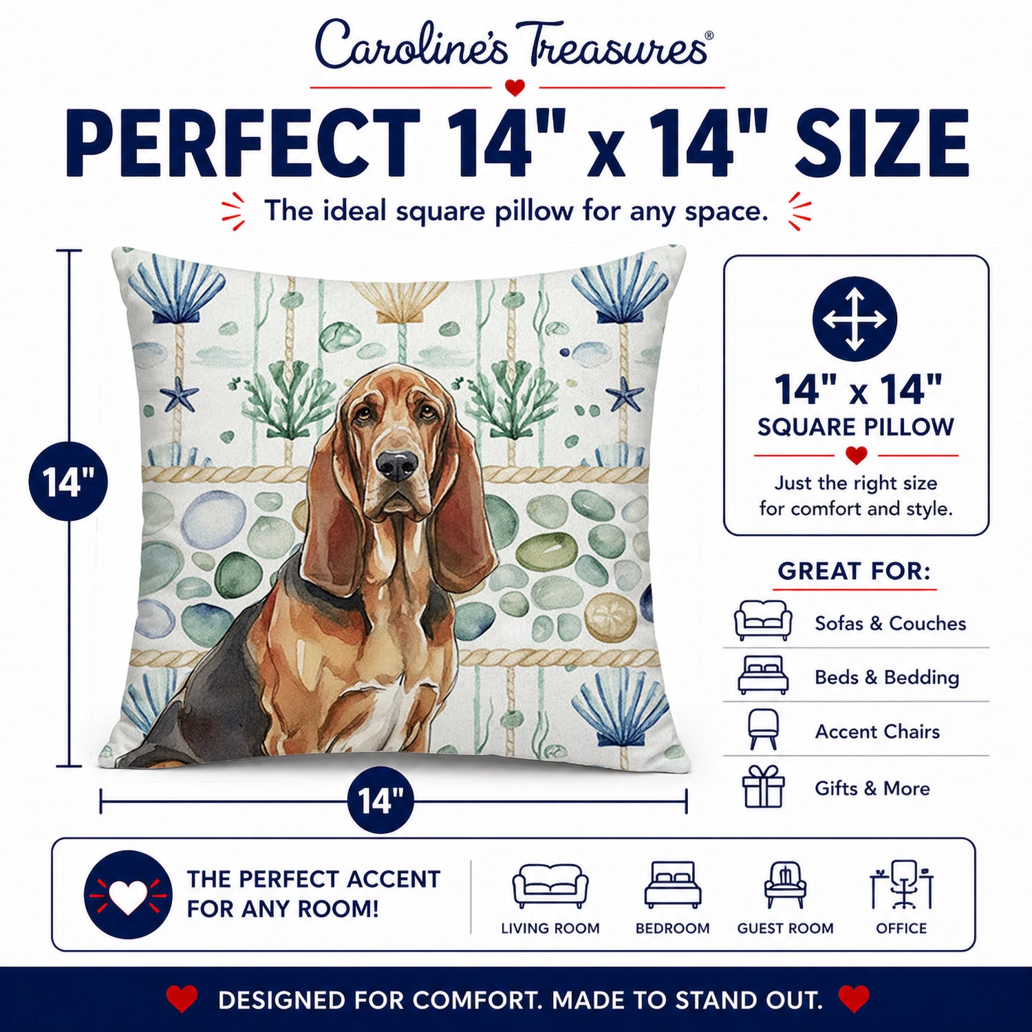 Liver and Tan Bloodhound Coastal Sea Glass Decorative Throw Pillow 14x14 Indoor Outdoor Accent Cushion, Fabric Cover with Insert for Sofa, Bed, Porch & Living Room