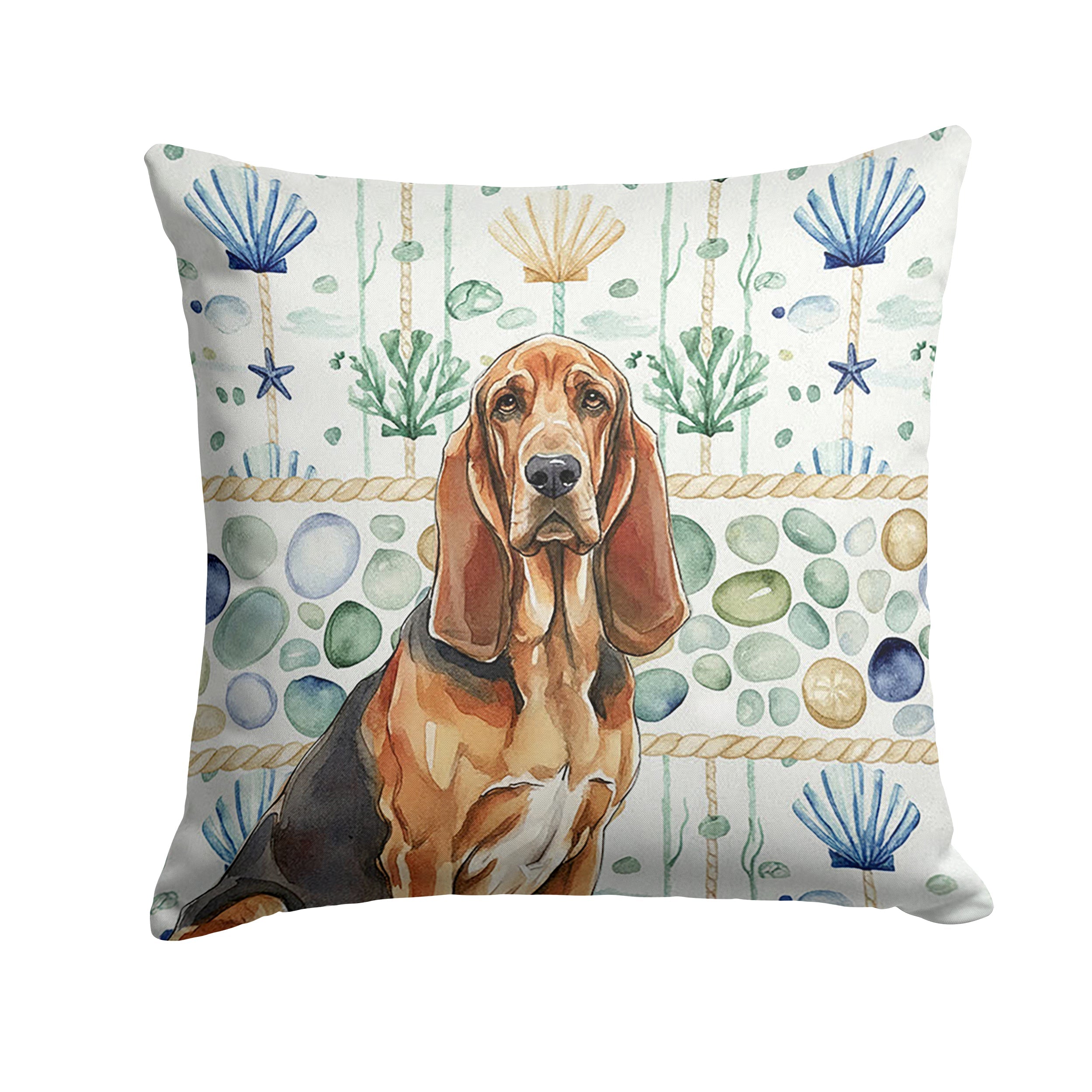 Liver and Tan Bloodhound Coastal Sea Glass Decorative Throw Pillow 14x14 Indoor Outdoor Accent Cushion, Fabric Cover with Insert for Sofa, Bed, Porch & Living Room