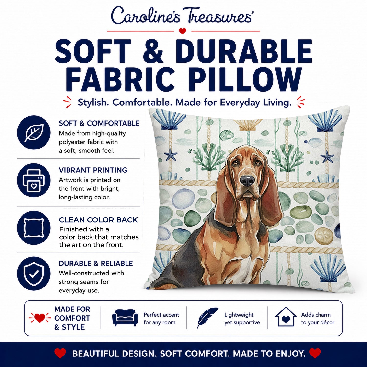 Liver and Tan Bloodhound Coastal Sea Glass Decorative Throw Pillow 18x18 Indoor Outdoor Accent Cushion, Fabric Cover with Insert for Sofa, Bed, Porch & Living Room