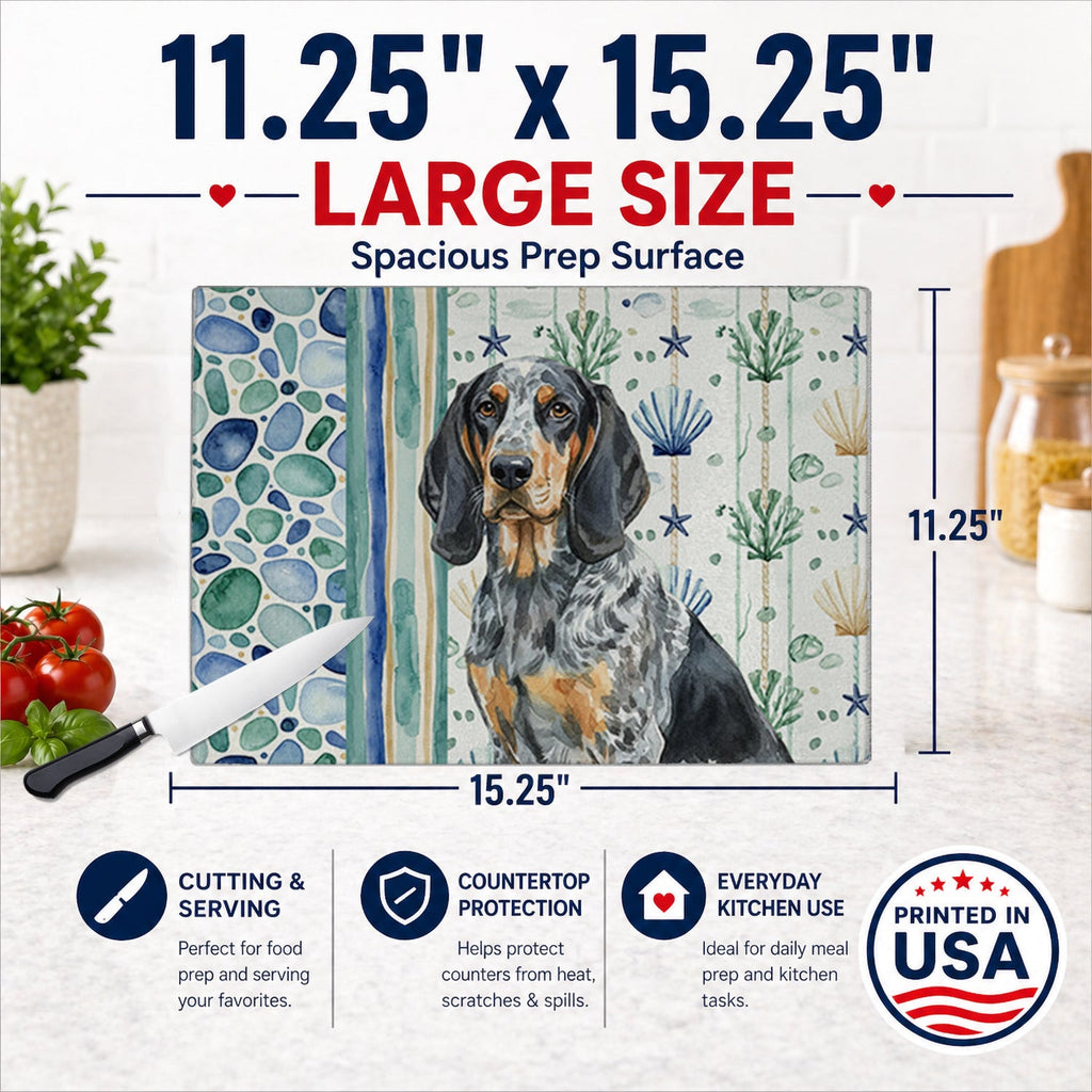 Bluetick Coonhound Coastal Sea Glass Cutting Board Tempered Glass Kitchen Cutting Surface, Heat Resistant Chopping, Non-Slip Feet, Food Prep & Serving