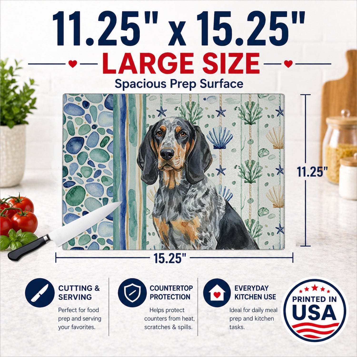 Bluetick Coonhound Coastal Sea Glass Cutting Board Tempered Glass Kitchen Cutting Surface, Heat Resistant Chopping, Non-Slip Feet, Food Prep & Serving