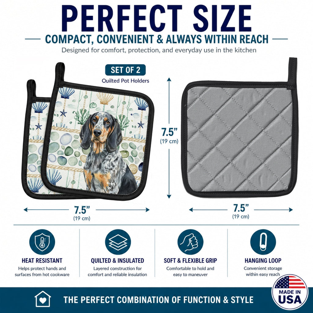 Bluetick Coonhound Coastal Sea Glass Pot Holder Set of 2 Heat Resistant Quilted Hot Pads 7.5 x 7.5 Inch, Insulated Kitchen Trivets for Cooking & Baking