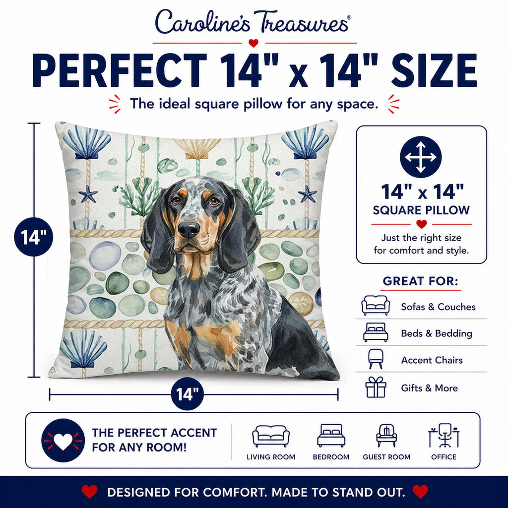 Bluetick Coonhound Coastal Sea Glass Decorative Throw Pillow 14x14 Indoor Outdoor Accent Cushion, Fabric Cover with Insert for Sofa, Bed, Porch & Living Room