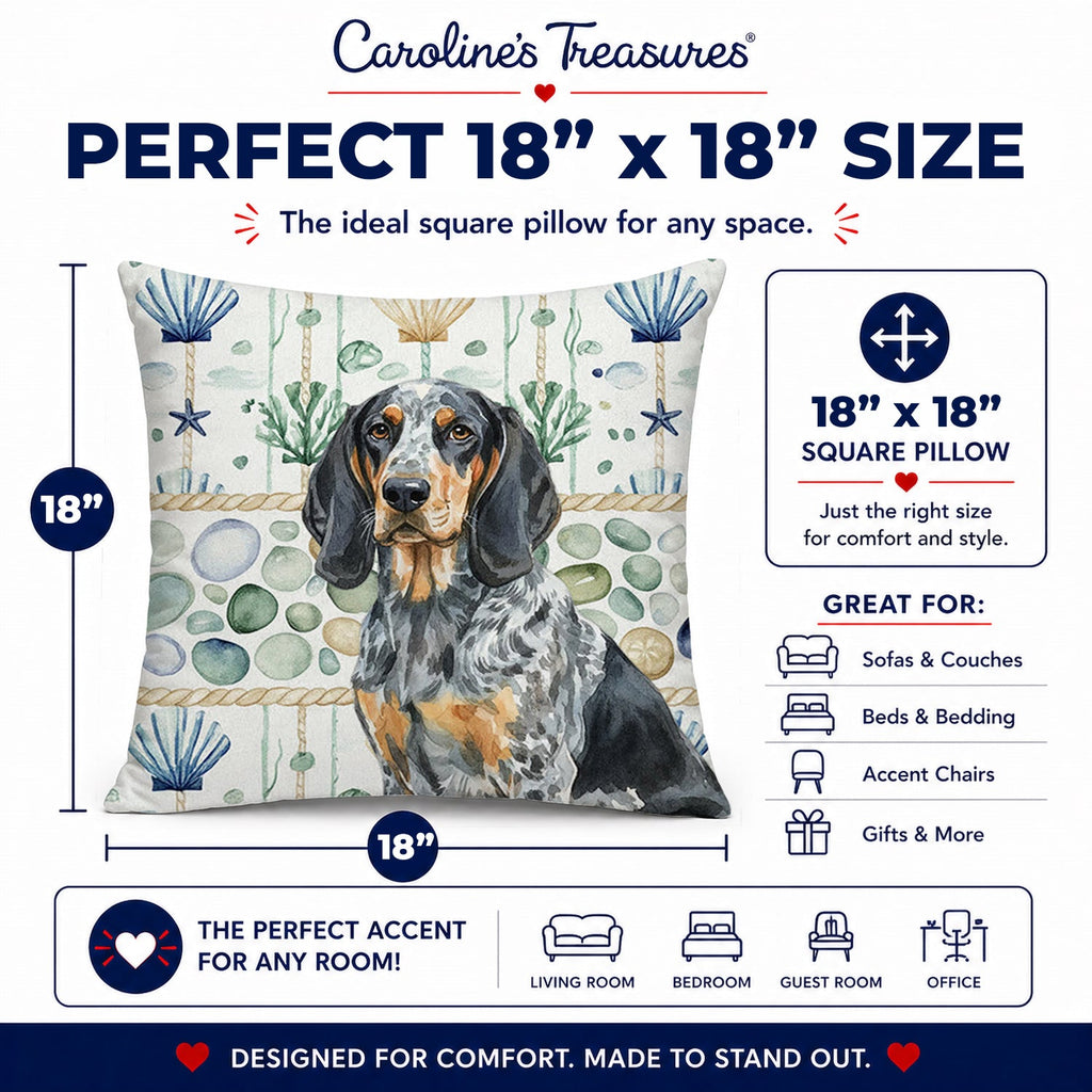 Bluetick Coonhound Coastal Sea Glass Decorative Throw Pillow 18x18 Indoor Outdoor Accent Cushion, Fabric Cover with Insert for Sofa, Bed, Porch & Living Room
