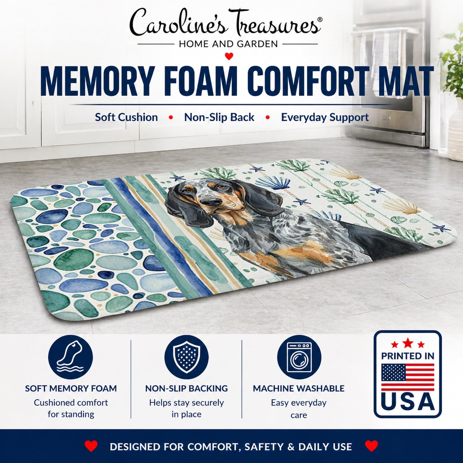 Bluetick Coonhound Coastal Sea Glass Memory Foam Kitchen Mat Machine Washable Anti-Fatigue Cushion Comfort Bath or Kitchen Rug