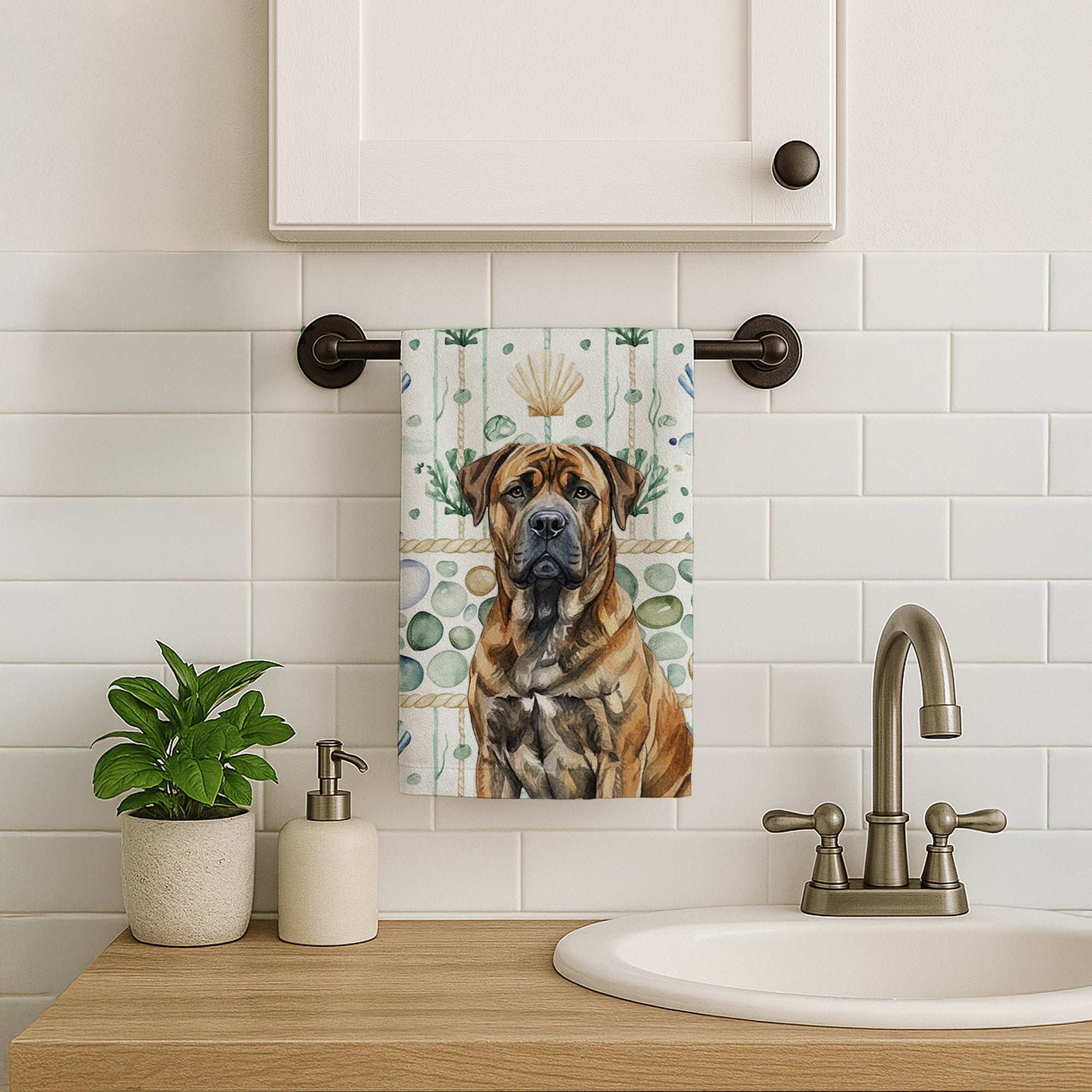 Brindle Boerboel Coastal Sea Glass Kitchen Towel Velour Plush Front and Cotton Loop Back Machine Washable