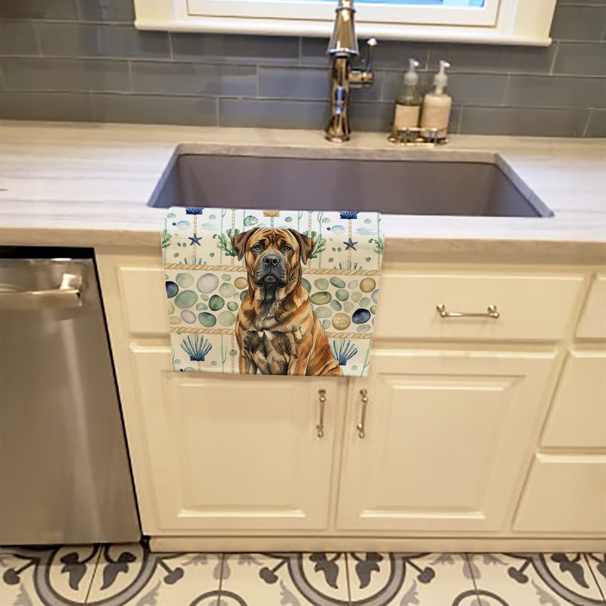 Brindle Boerboel Coastal Sea Glass Kitchen Towel Velour Plush Front and Cotton Loop Back Machine Washable