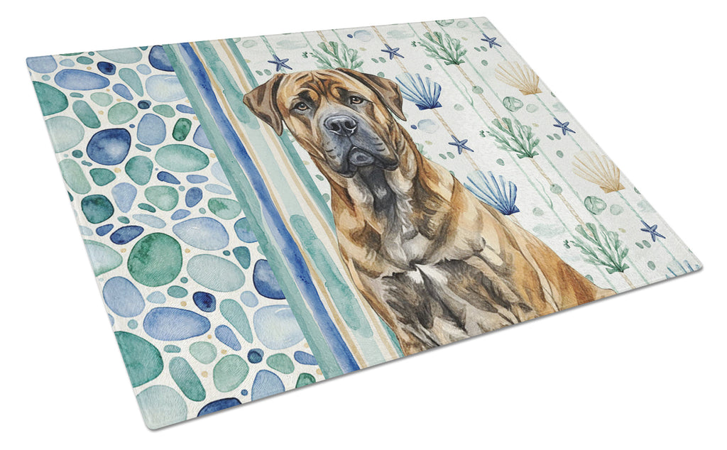 Brindle Boerboel Coastal Sea Glass Cutting Board Tempered Glass Kitchen Cutting Surface, Heat Resistant Chopping, Non-Slip Feet, Food Prep & Serving