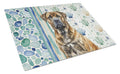 Brindle Boerboel Coastal Sea Glass Cutting Board Tempered Glass Kitchen Cutting Surface, Heat Resistant Chopping, Non-Slip Feet, Food Prep & Serving