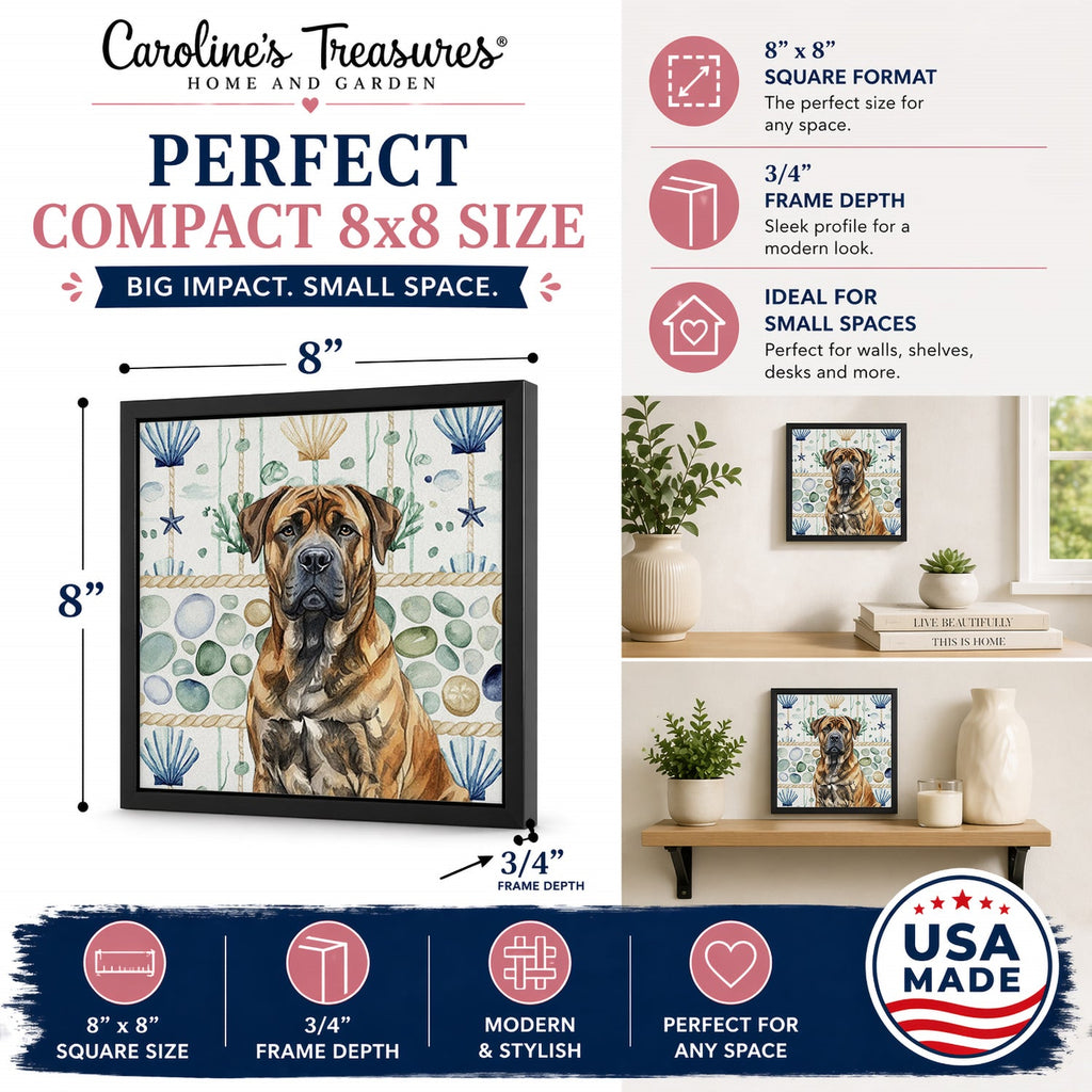 Brindle Boerboel Coastal Sea Glass Framed Metal Print Bathroom, Kitchen, Office, Home Decor Wall Art Ready to Hang, Square, 8X8