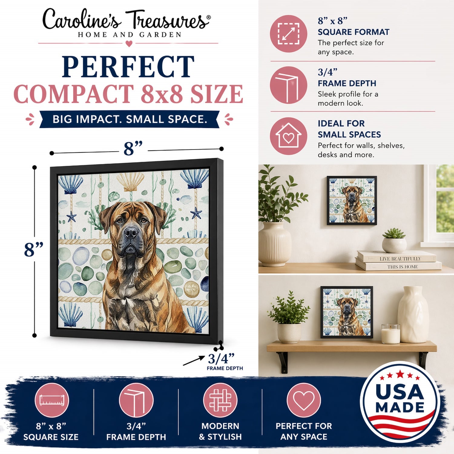 Brindle Boerboel Coastal Sea Glass Framed Metal Print Bathroom, Kitchen, Office, Home Decor Wall Art Ready to Hang, Square, 8X8