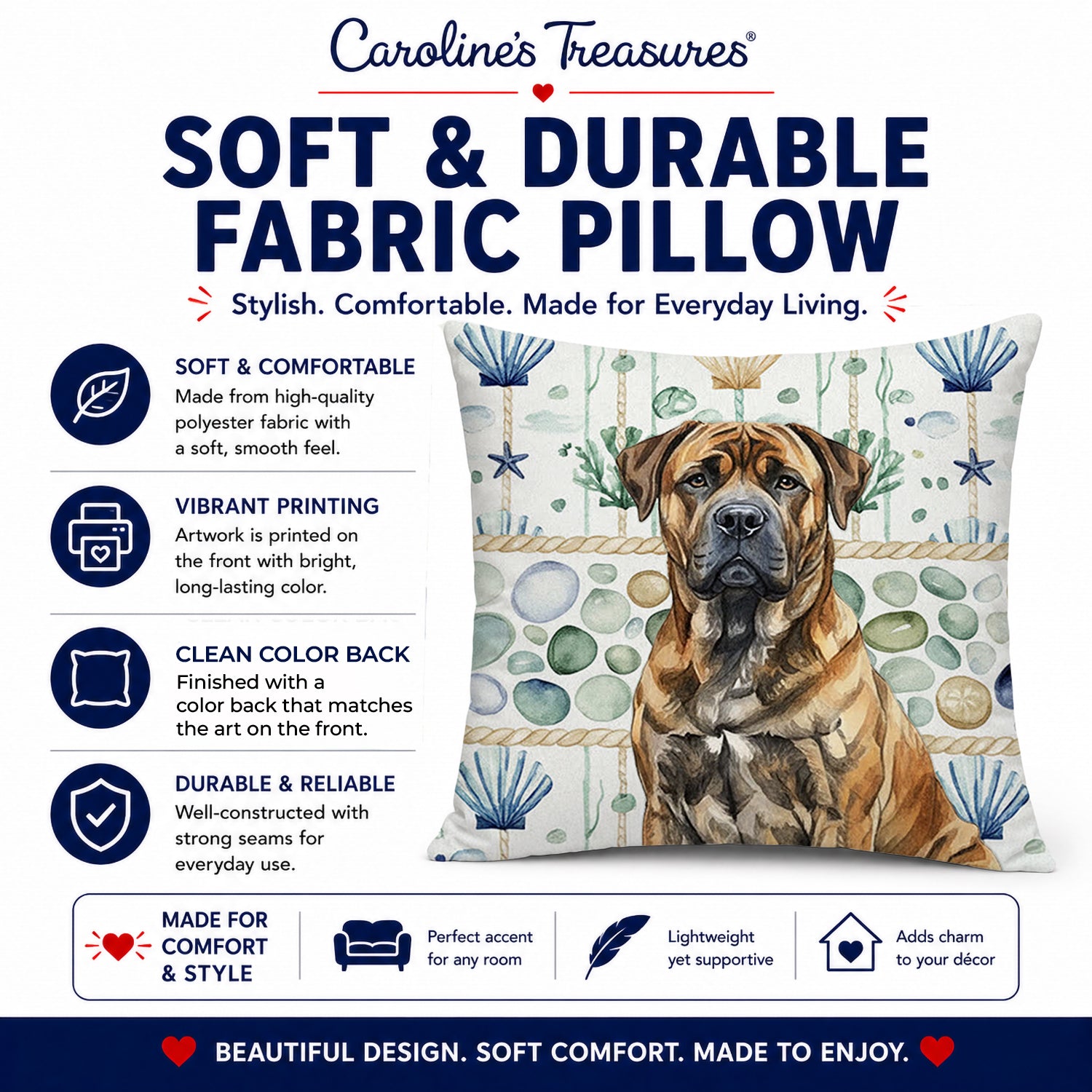 Brindle Boerboel Coastal Sea Glass Decorative Throw Pillow 14x14 Indoor Outdoor Accent Cushion, Fabric Cover with Insert for Sofa, Bed, Porch & Living Room