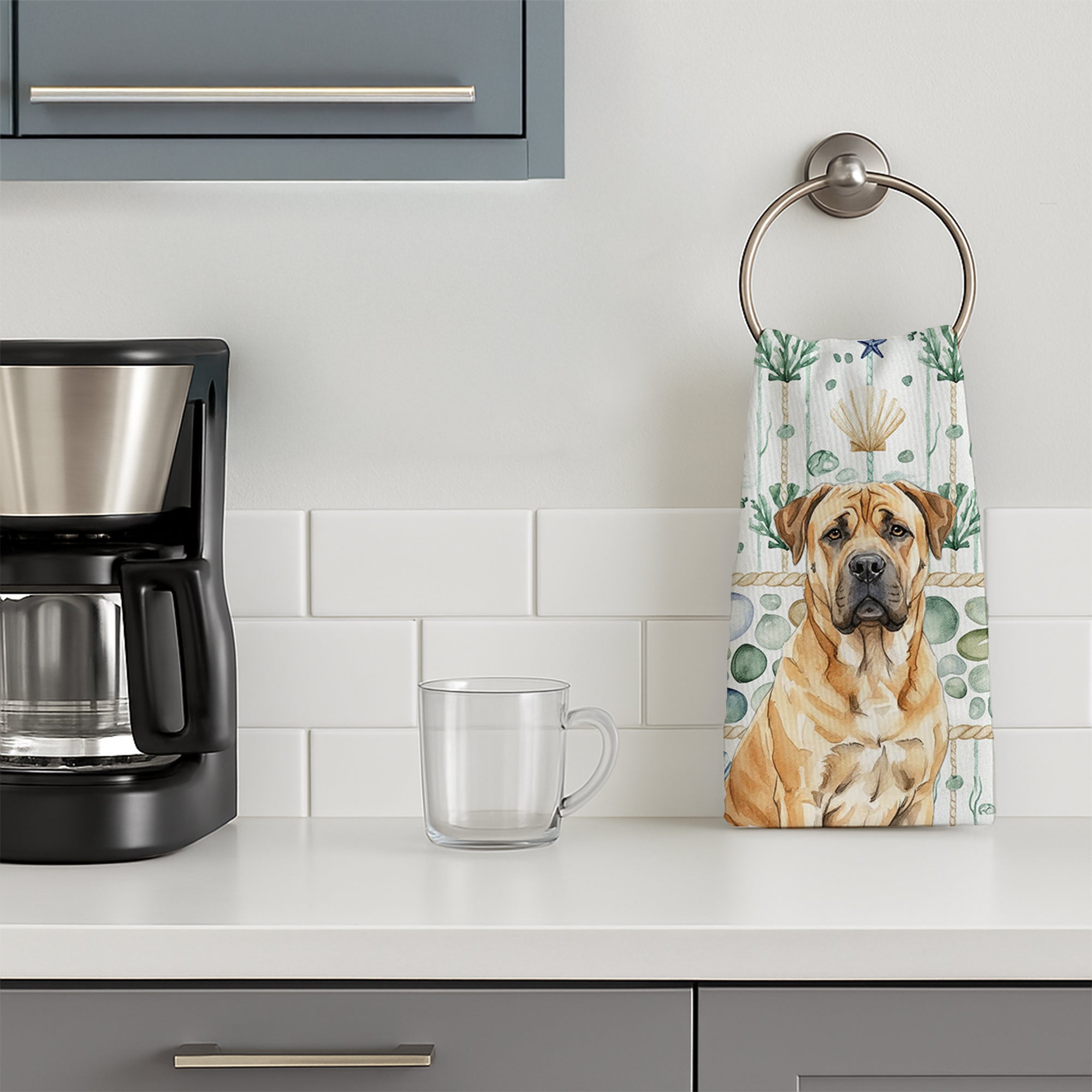 Fawn Boerboel Coastal Sea Glass Kitchen Towel Velour Plush Front and Cotton Loop Back Machine Washable
