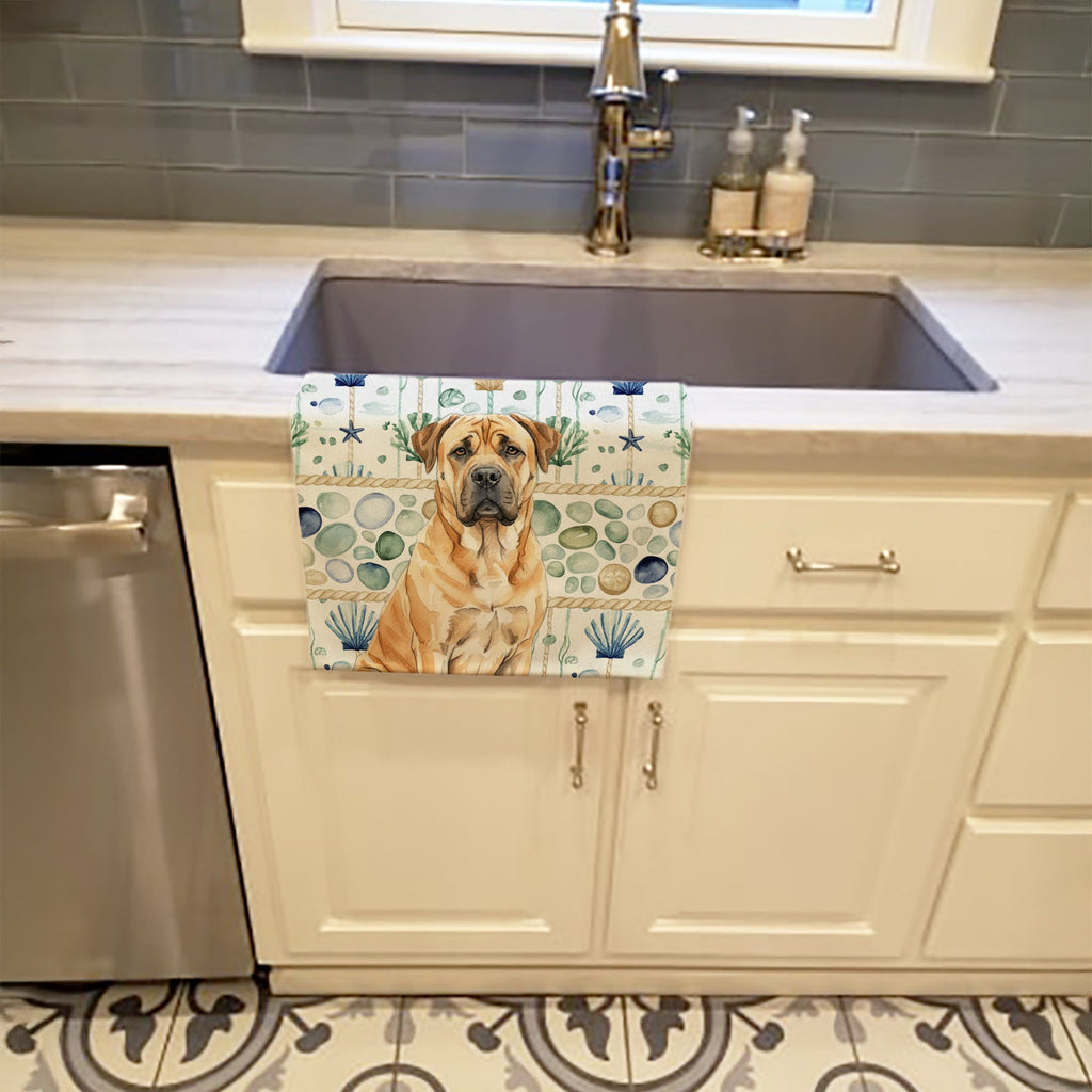 Fawn Boerboel Coastal Sea Glass Kitchen Towel Velour Plush Front and Cotton Loop Back Machine Washable