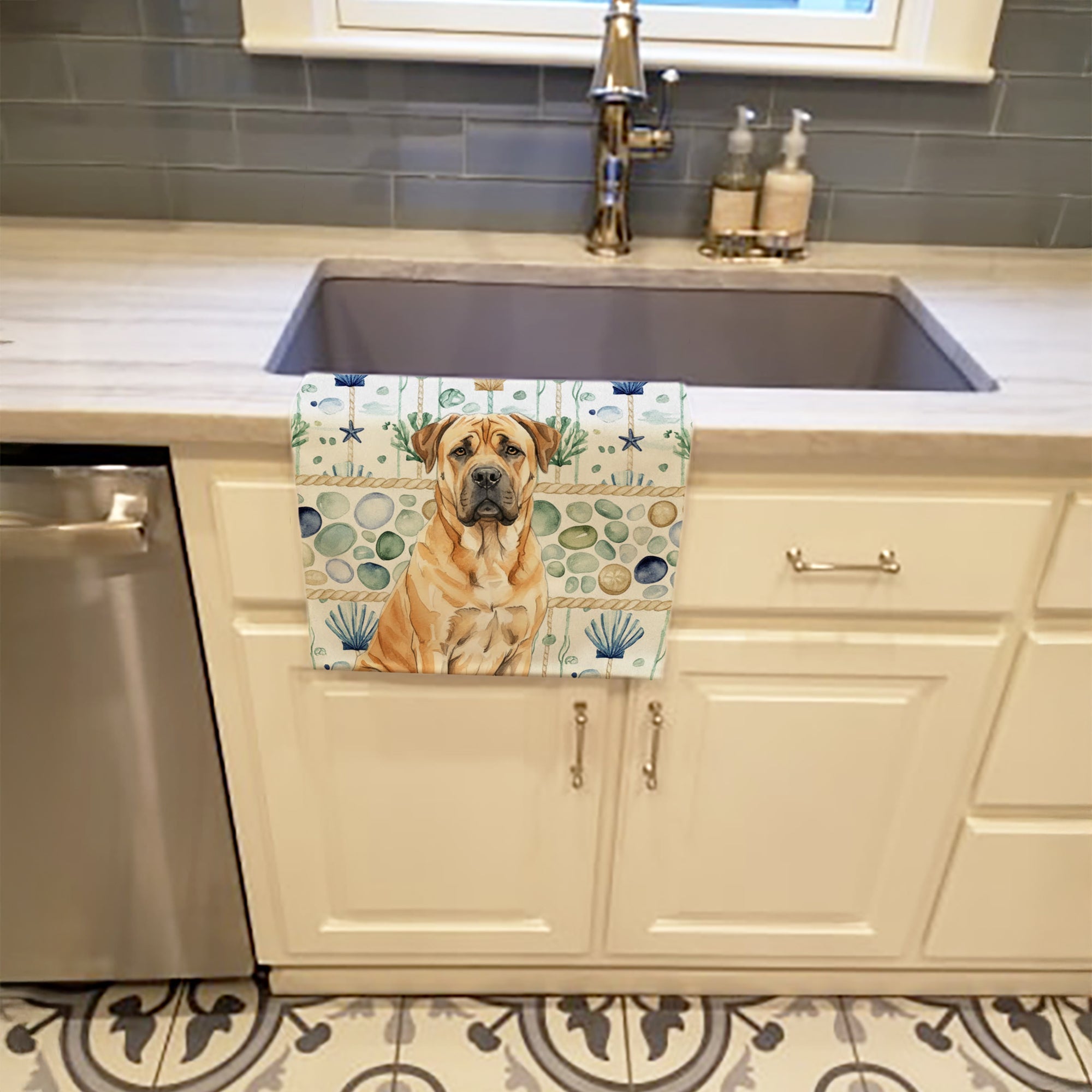 Fawn Boerboel Coastal Sea Glass Kitchen Towel Velour Plush Front and Cotton Loop Back Machine Washable