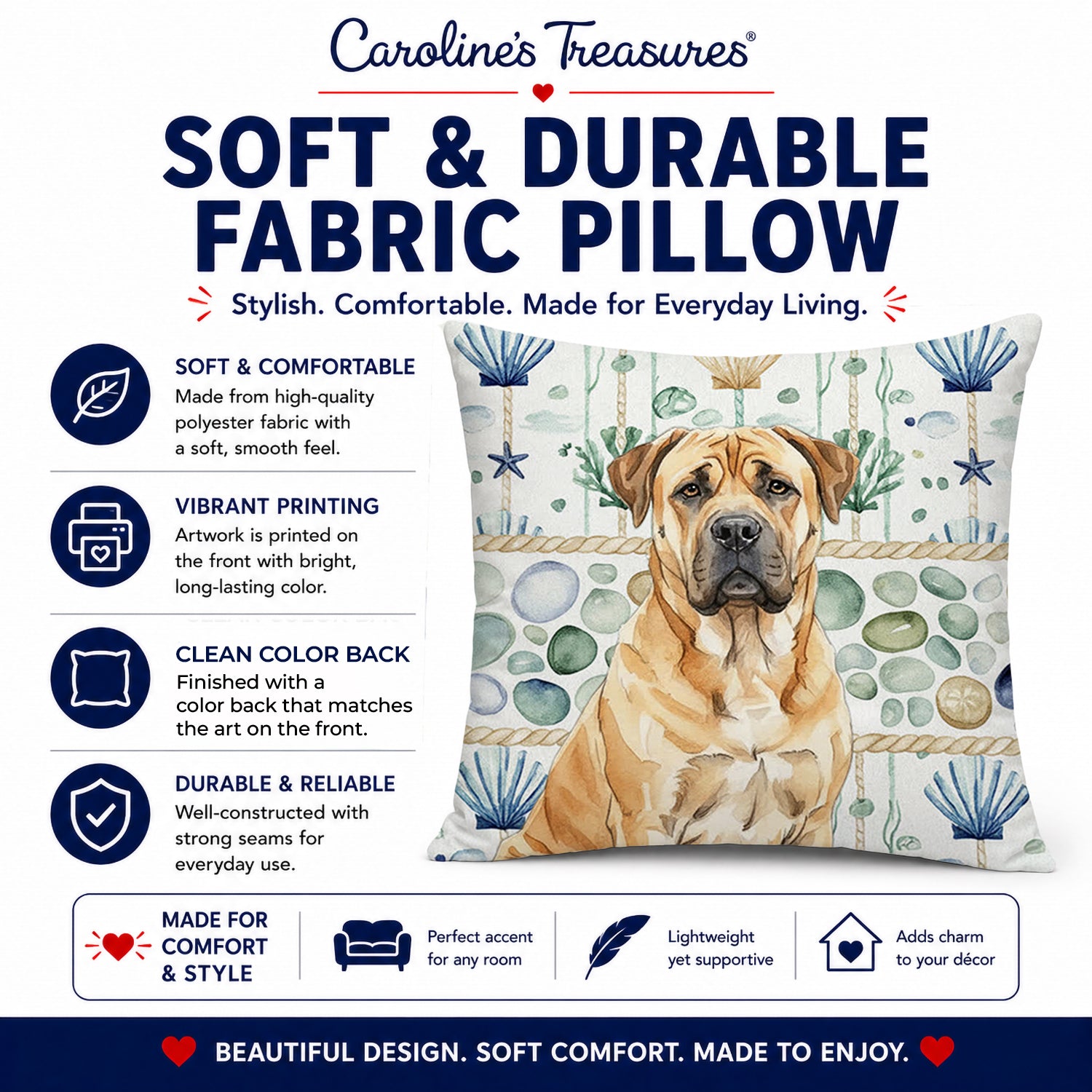 Fawn Boerboel Coastal Sea Glass Decorative Throw Pillow 14x14 Indoor Outdoor Accent Cushion, Fabric Cover with Insert for Sofa, Bed, Porch & Living Room