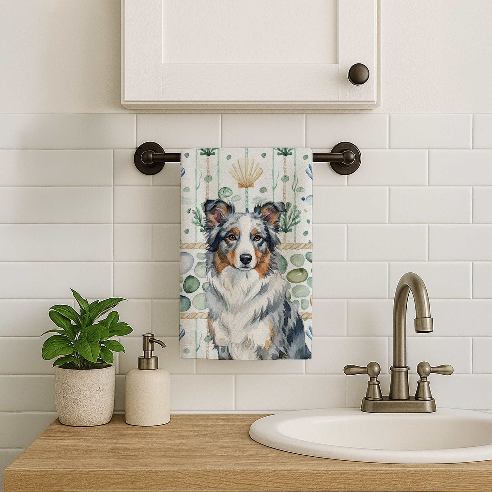 Blue Merle Border Collie Coastal Sea Glass Kitchen Towel Velour Plush Front and Cotton Loop Back Machine Washable