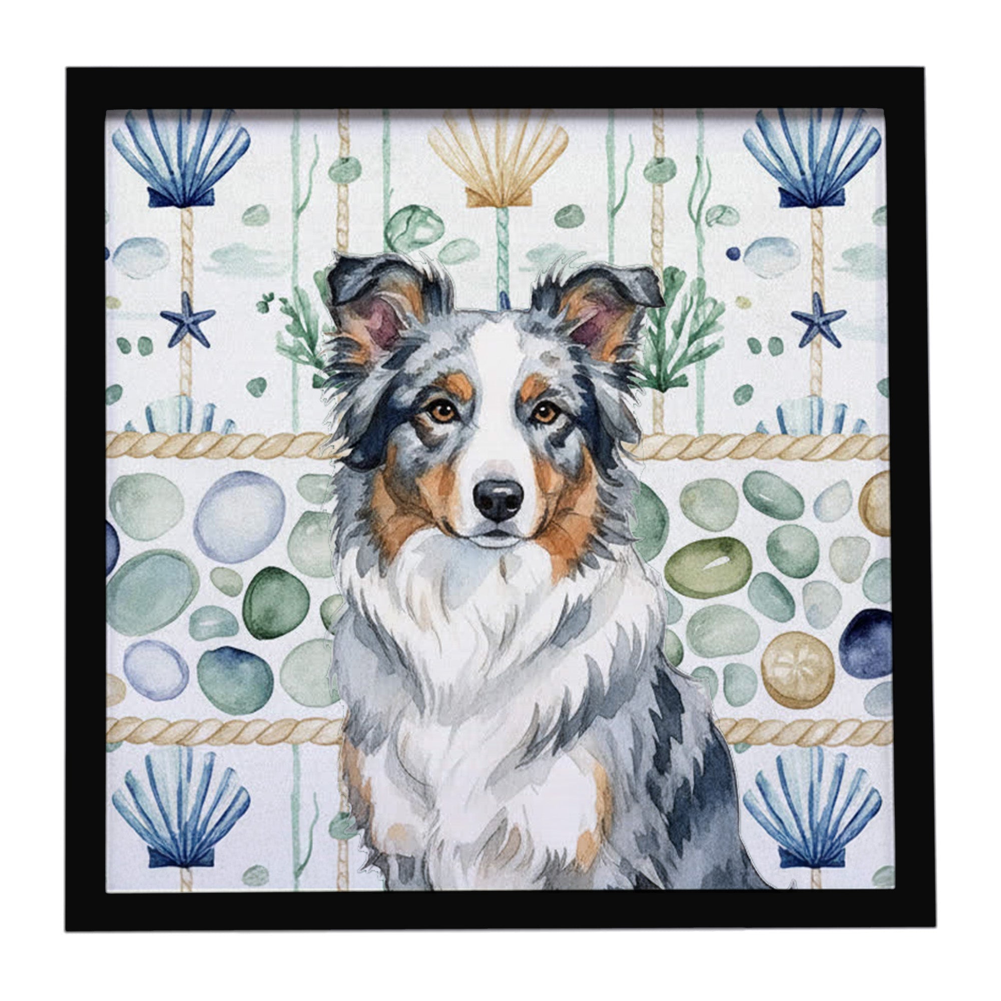 Blue Merle Border Collie Coastal Sea Glass Framed Metal Print Bathroom, Kitchen, Office, Home Decor Wall Art Ready to Hang, Square, 8X8
