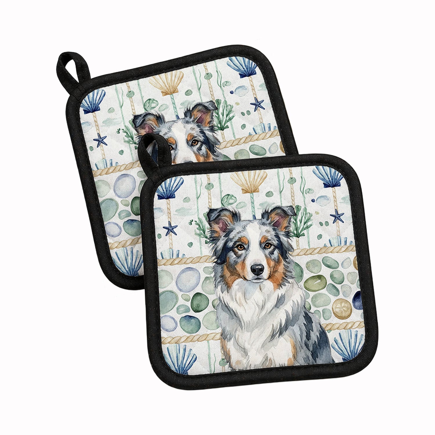 Blue Merle Border Collie Coastal Sea Glass Pot Holder Set of 2 Heat Resistant Quilted Hot Pads 7.5 x 7.5 Inch, Insulated Kitchen Trivets for Cooking & Baking