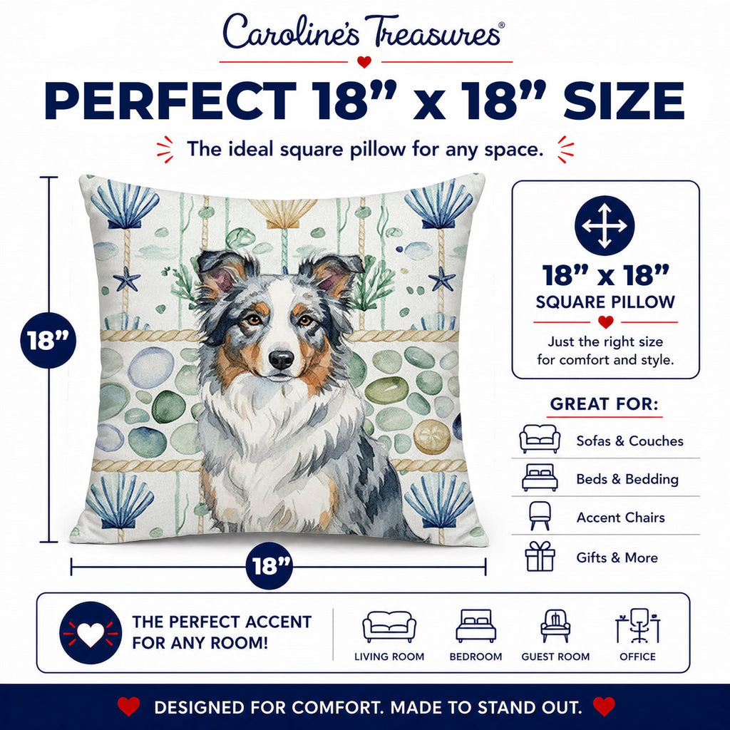 Blue Merle Border Collie Coastal Sea Glass Decorative Throw Pillow 18x18 Indoor Outdoor Accent Cushion, Fabric Cover with Insert for Sofa, Bed, Porch & Living Room