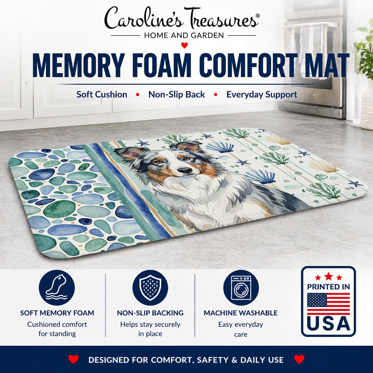 Blue Merle Border Collie Coastal Sea Glass Memory Foam Kitchen Mat Machine Washable Anti-Fatigue Cushion Comfort Bath or Kitchen Rug