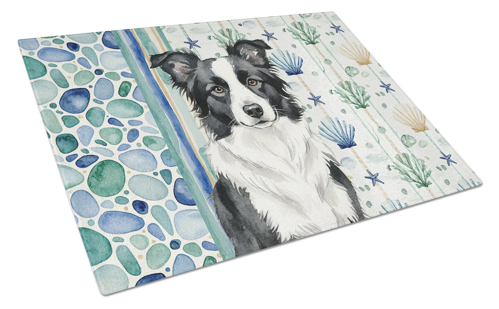 Border Collie Coastal Sea Glass Cutting Board Tempered Glass Kitchen Cutting Surface, Heat Resistant Chopping, Non-Slip Feet, Food Prep & Serving