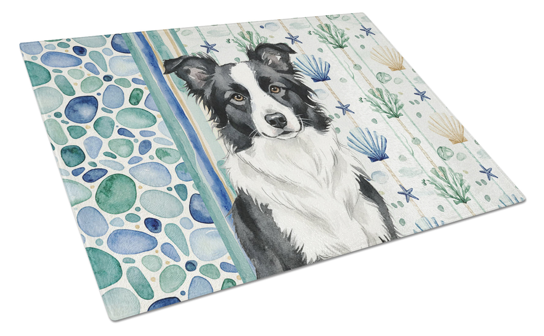 Border Collie Coastal Sea Glass Cutting Board Tempered Glass Kitchen Cutting Surface, Heat Resistant Chopping, Non-Slip Feet, Food Prep & Serving